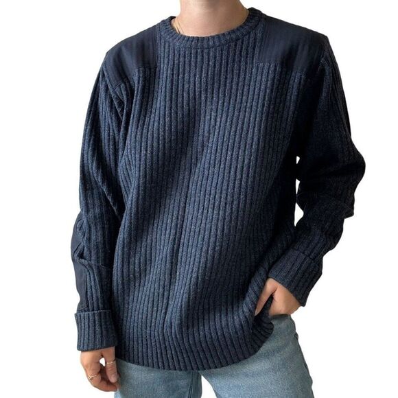 LL Bean Mens 100% Lambs Wool Ribbed Navy Blue Elbow Patch Crewneck Sweater Sz L - Picture 4 of 6